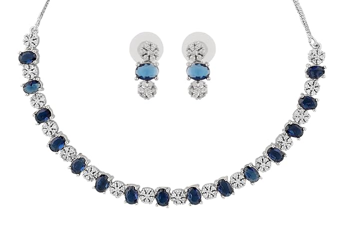 Mekkna American Diamond CZ Stone Rhodium Plated Brass Jewellery Set