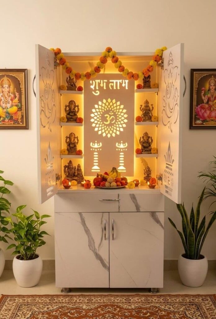 MANDIR COMPANY White Marble Finish Mandir with LED Light and Storage