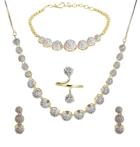 YouBella Jewellery Set American Diamond Choker Necklace with Earrings, Bracelet & Ring