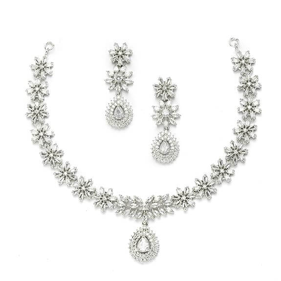 ZENEME Rhodium-Plated Floral Design White American Diamond Studded Jewellery Set