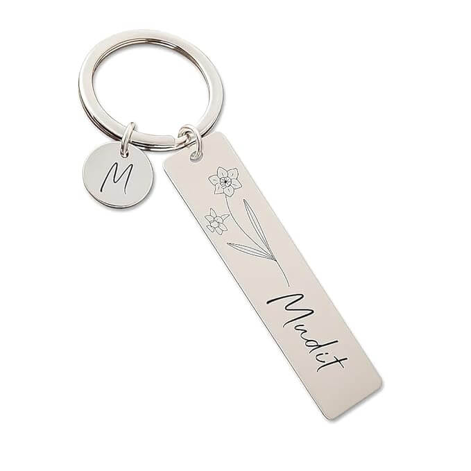 BAWLI BOOCH Personalized Stainless Steel Birth Flower & Name Keychain Best Overall for Gifting